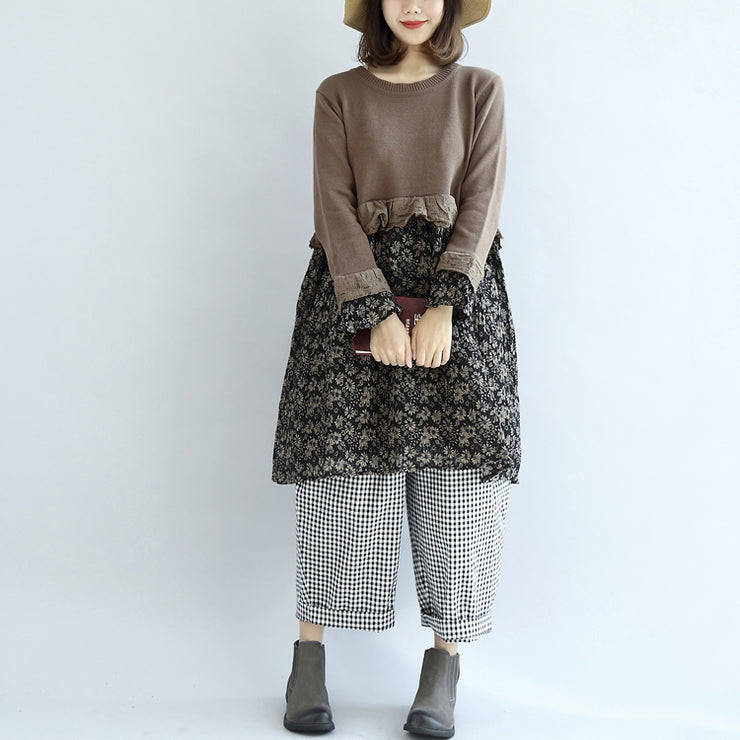 Chocolate vintage floral patchwork sweater dresses knit pullover shift dress