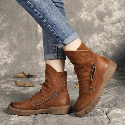 Chocolate zippered Casual  Boots Cowhide Leather - SooLinen