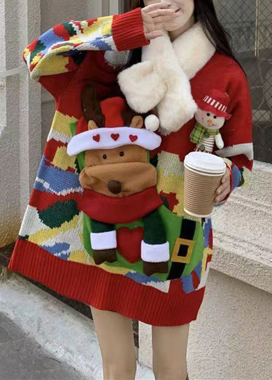 Christmas Themed Elk Sweater Women Red With Loose And Lazy Style