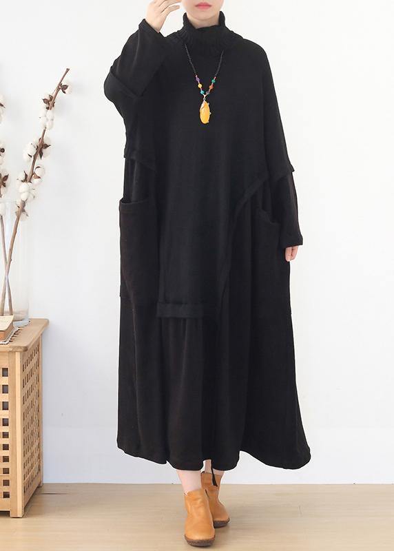 Christmas black Sweater dress outfit DIY high neck Largo spring knitwear - SooLinen