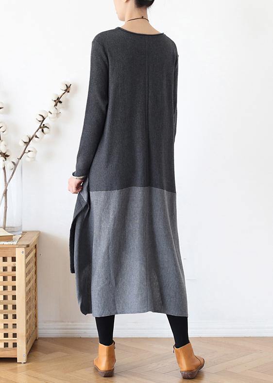 Christmas gray Sweater outfits Street Style o neck patchwork Largo fall knit dresses - SooLinen