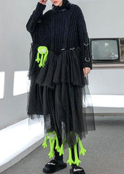 Christmas high neck patchwork tulle Sweater spring Beautiful black baggy knit dresses - SooLinen