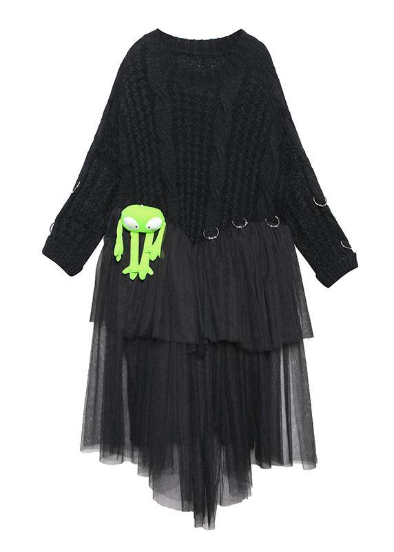 Christmas high neck patchwork tulle Sweater spring Beautiful black baggy knit dresses - SooLinen