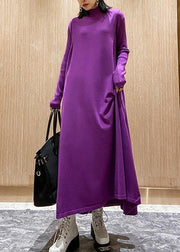 Christmas purple Sweater weather Women high neck large hem tunic fall knit dress - SooLinen