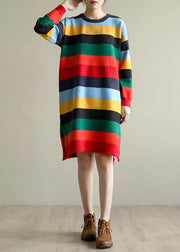Christmas rainbow striped Sweater knit top pattern Moda side open oversized spring knitted tops - SooLinen