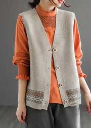 Chunky Khaki Knit Cardigans Fashion Spring V Neck Sleeveless Knitted Coat - SooLinen