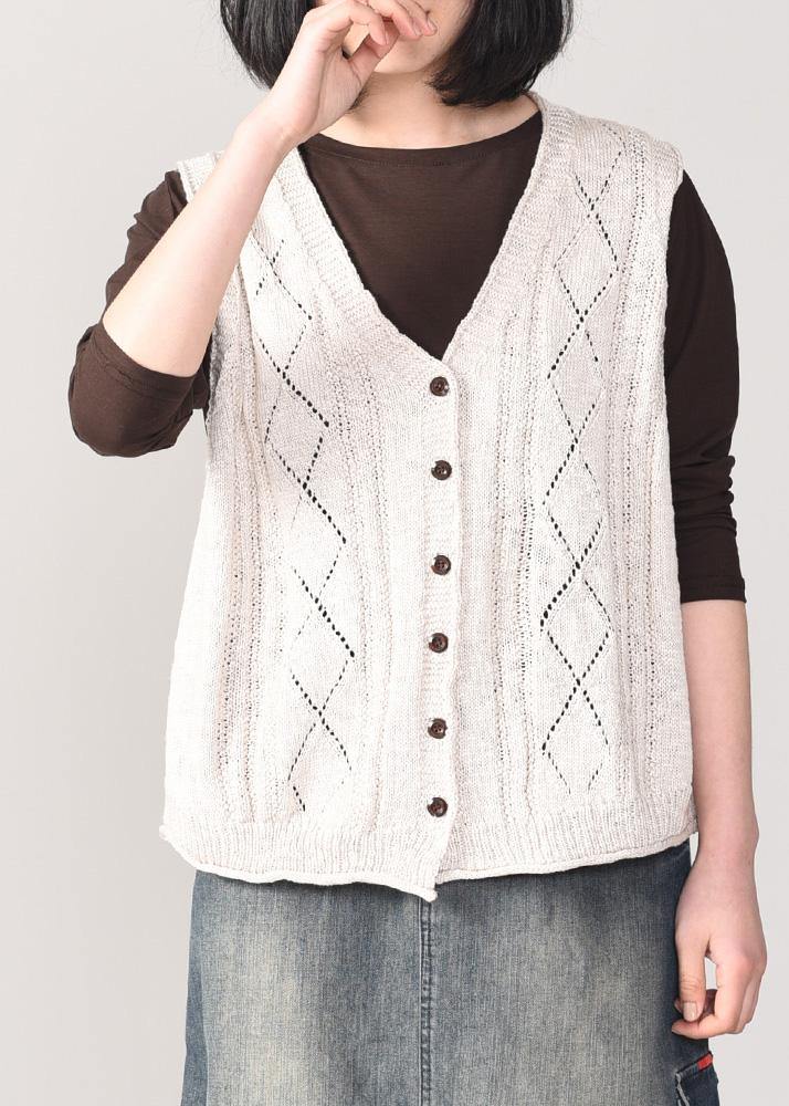 Chunky beige sweater coat plus size v neck knitted coat sleeveless - SooLinen