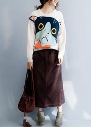 Chunky beige sweater tops o neck plus size clothing animal print knitwear - SooLinen