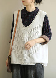 Chunky beige trendy plus size fall v neck sleeveless knitwear - SooLinen