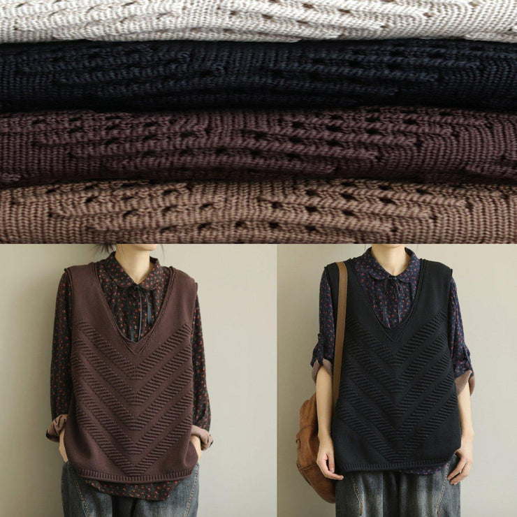 Chunky beige trendy plus size fall v neck sleeveless knitwear - SooLinen