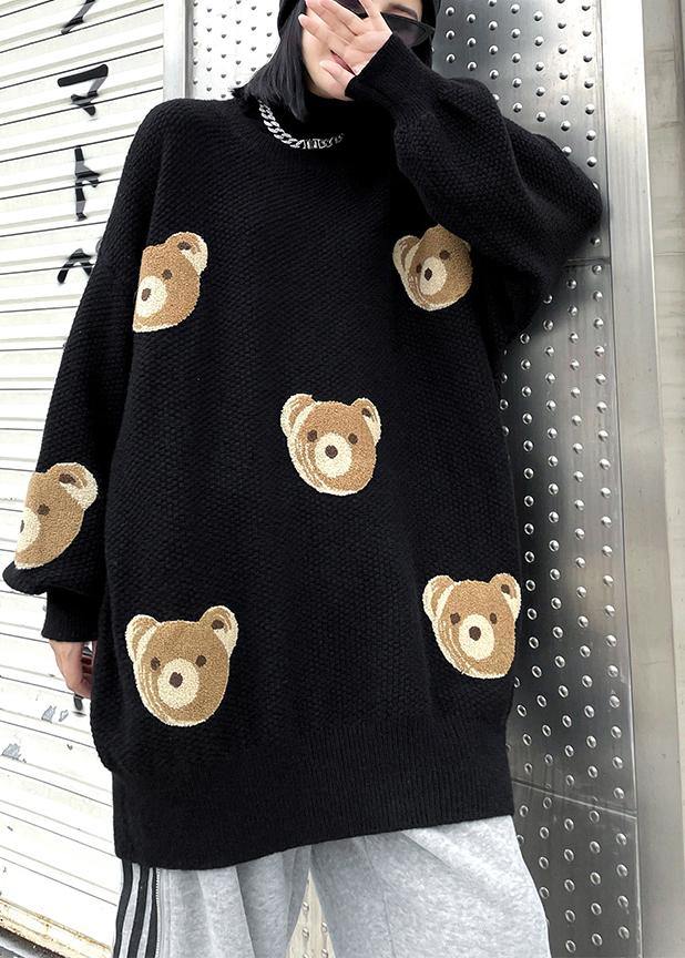 Chunky black Bear design knit tops o neck silhouette knit top - SooLinen
