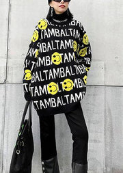 Chunky black Letter crane tops o neck trendy plus size knitted blouse - SooLinen