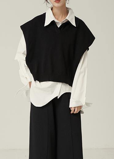Chunky black knitwear plus size clothing lapel sleeveless tops - SooLinen