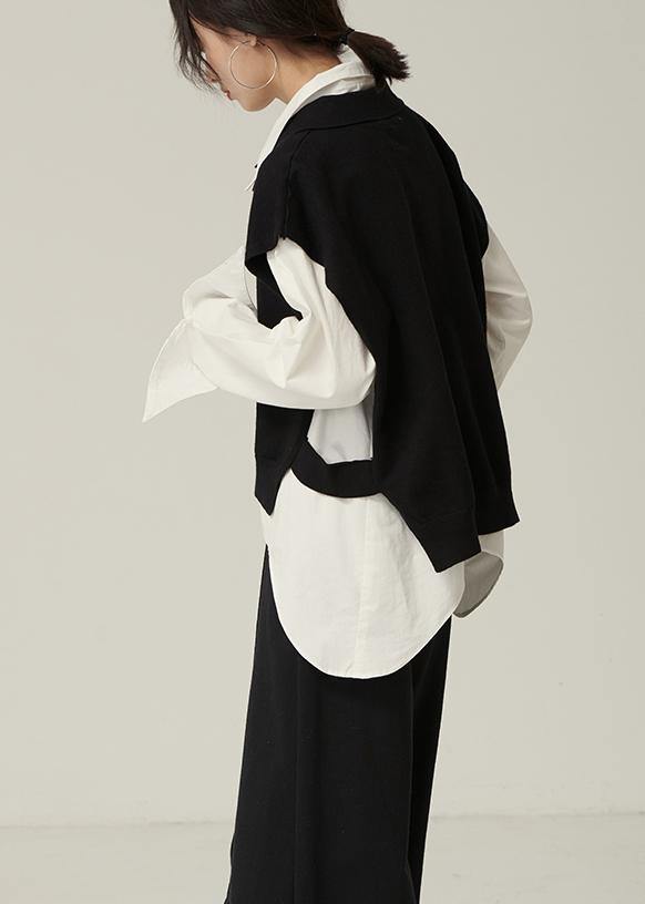 Chunky black knitwear plus size clothing lapel sleeveless tops - SooLinen