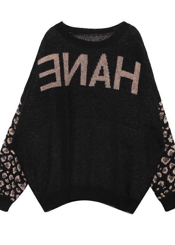 Chunky black print knit tops plus size clothing o neck patchwork knit tops - SooLinen