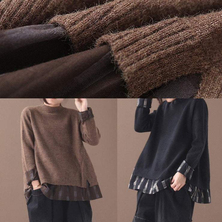 Chunky black sweater tops false two pieces oversized o neck knitted blouse - SooLinen