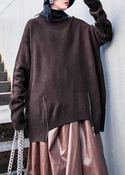 Chunky chocolate crane tops casual high neck Batwing Sleeve knitwear - SooLinen