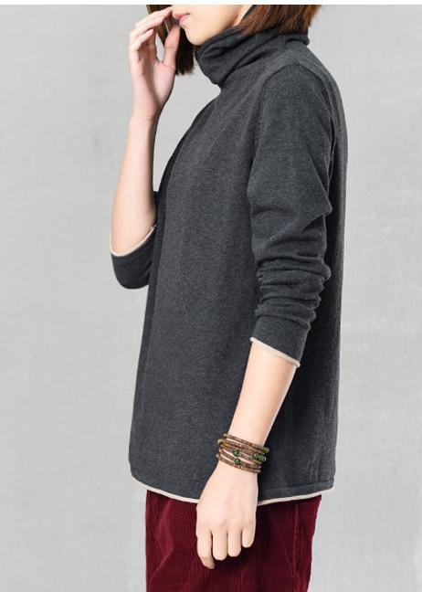 Chunky dark gray knit blouse oversize high neck sweaters fall - SooLinen