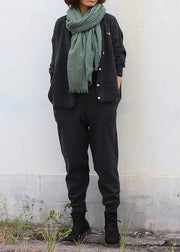 Chunky dark gray knit jacket casual v neck knitwear pockets - SooLinen