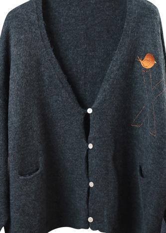 Chunky dark gray knit jacket casual v neck knitwear pockets - SooLinen