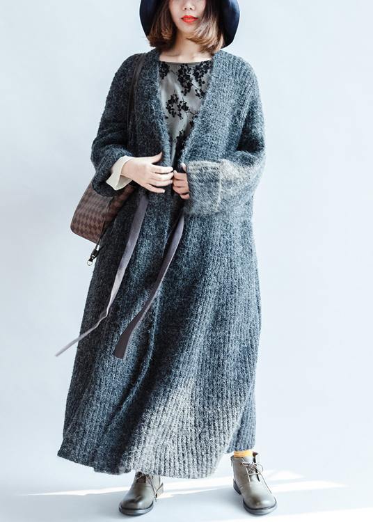 Chunky dark gray knitted outwear plus size clothing tie waist knit outwear - SooLinen