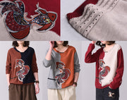 Chunky dark red patchwork navy sweater fall fashion Appliques sweaters o neck - SooLinen