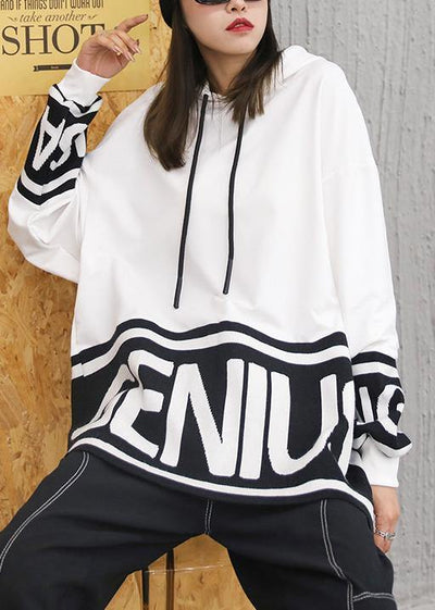 Chunky fall white Letter knit tops trendy plus size hooded top - SooLinen