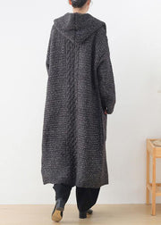 Chunky gray knitted cardigans plus size clothing hooded pockets knit outwear - SooLinen