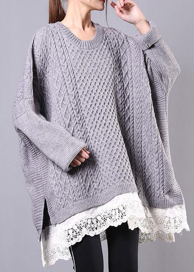 Chunky gray sweaters plus size clothing o neck Batwing Sleeve knit tops - SooLinen