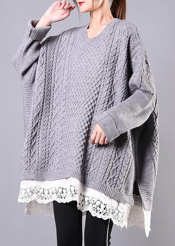 Chunky gray sweaters plus size clothing o neck Batwing Sleeve knit tops - SooLinen