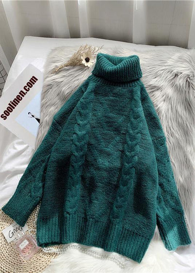 Chunky green knit blouse high neck thick oversize fall knit sweat tops - SooLinen