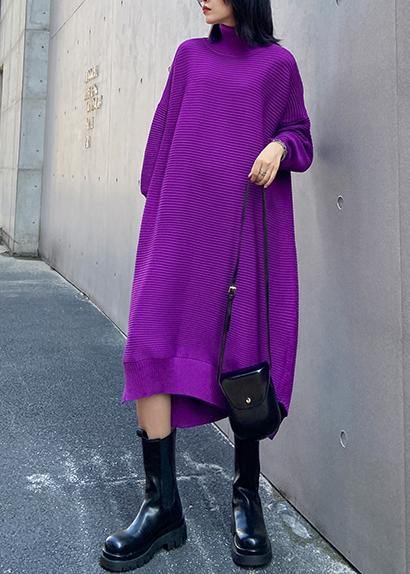 Chunky high neck low high design Sweater fall weather Upcycle purple oversized knitted dress - SooLinen