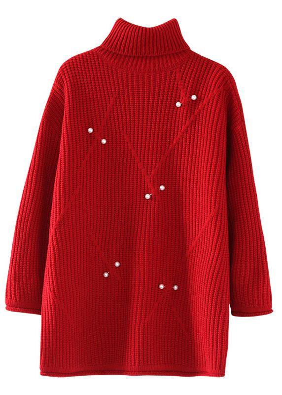 Chunky high neck red sweaters casual Rivet knit top silhouette - SooLinen