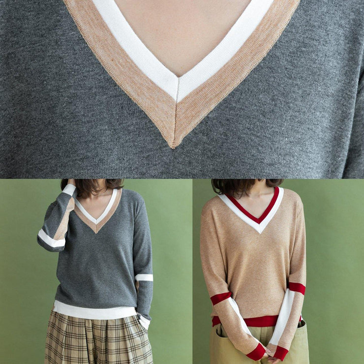 Chunky khaki knit blouse casual v neck sweaters side open - SooLinen