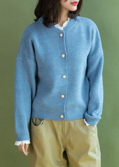 Chunky light blue sweater coat fall fashion ruffles collar sweaters - SooLinen