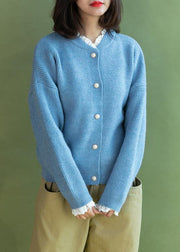 Chunky light blue sweater coat fall fashion ruffles collar sweaters - SooLinen