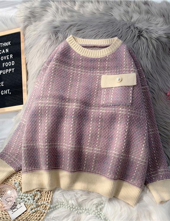 Chunky light purple plaid knitted blouse plus size o neck patchwork top - SooLinen