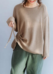 Chunky o neck khaki knit sweat tops fall fashion drawstring knit - SooLinen