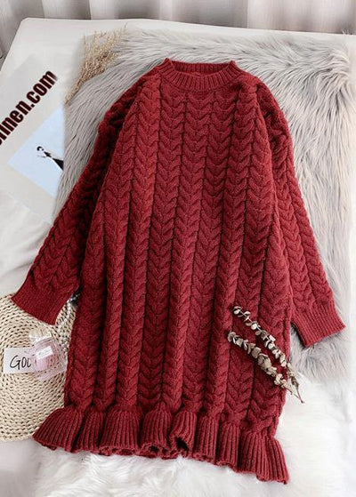 Chunky o neck thick Sweater fall Wardrobes Classy red Largo knitted dress - SooLinen