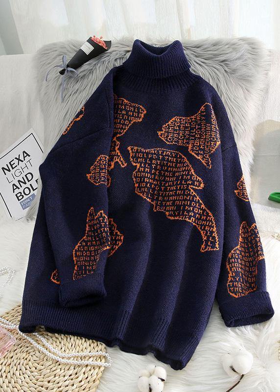 Chunky orange crane tops high neck oversize wild knitwear - SooLinen