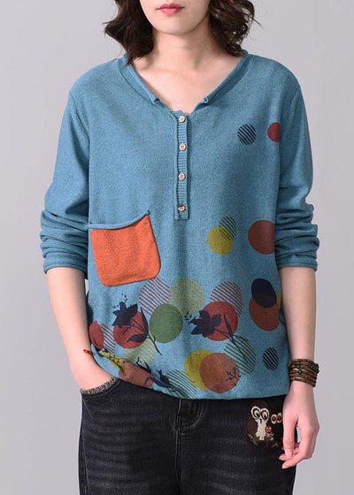 Chunky pockets prints knit t shirt Loose fitting blue v neck sweaters long sleeve - SooLinen