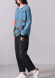 Chunky pockets prints knit t shirt Loose fitting blue v neck sweaters long sleeve - SooLinen