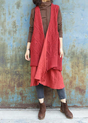 Chunky red knitted cardigans oversized sleeveless hollow out knit outwear - SooLinen