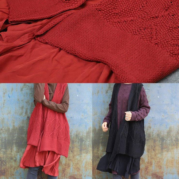 Chunky red knitted cardigans oversized sleeveless hollow out knit outwear - SooLinen