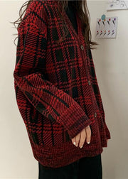 Chunky red plaid knit coats Loose fitting winter knit sweat tops v neck - SooLinen