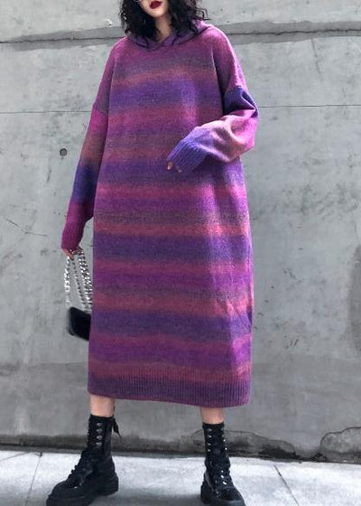 Chunky rose purple Sweater Wardrobes Moda hooded thick Art knitwear - SooLinen