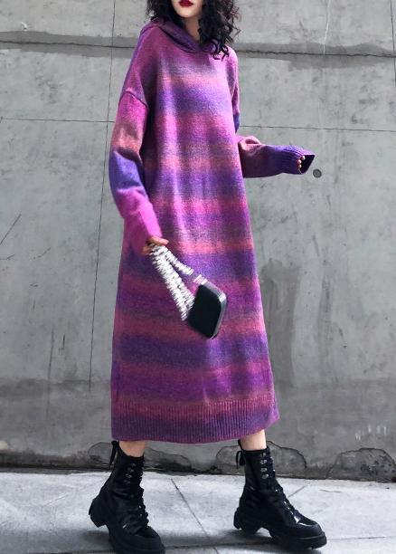 Chunky rose purple Sweater Wardrobes Moda hooded thick Art knitwear - SooLinen