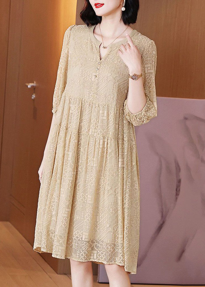 Classy Apricot Embroidered Wrinkled Silk Dresses Half Sleeve