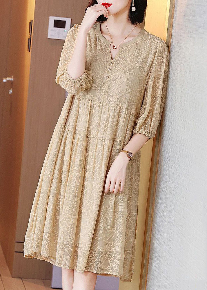 Classy Apricot Embroidered Wrinkled Silk Dresses Half Sleeve