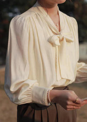 Classy Apricot Lace Up Pearl  Cotton Blouses Fall